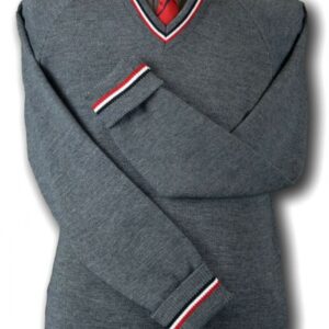 Students Uniform Grey School Uniform Jumper - Trim At The Neck In Red Black & grey