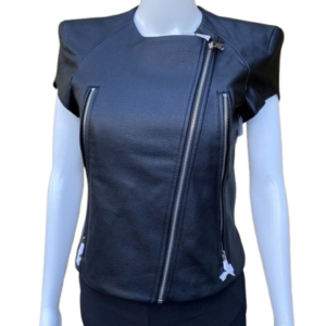 Black Faux Leather Short Crop Sleeve Biker Jacket/ Size Small to Large