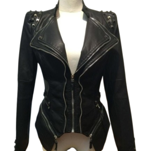 Women Punk Rivet Spike Studded Shoulder PU Leather Lapel Tuxedo Coat Jacket NEW