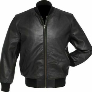 Black Real Leather Zipper Baseball Bomber Jacket Varsity Letterman College