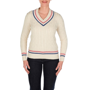 Women Cricket Clothing Sports Sweater Cable Knit V Neck Heavy Wool Acrylic Cable Knitted Full Sleeve Sweater